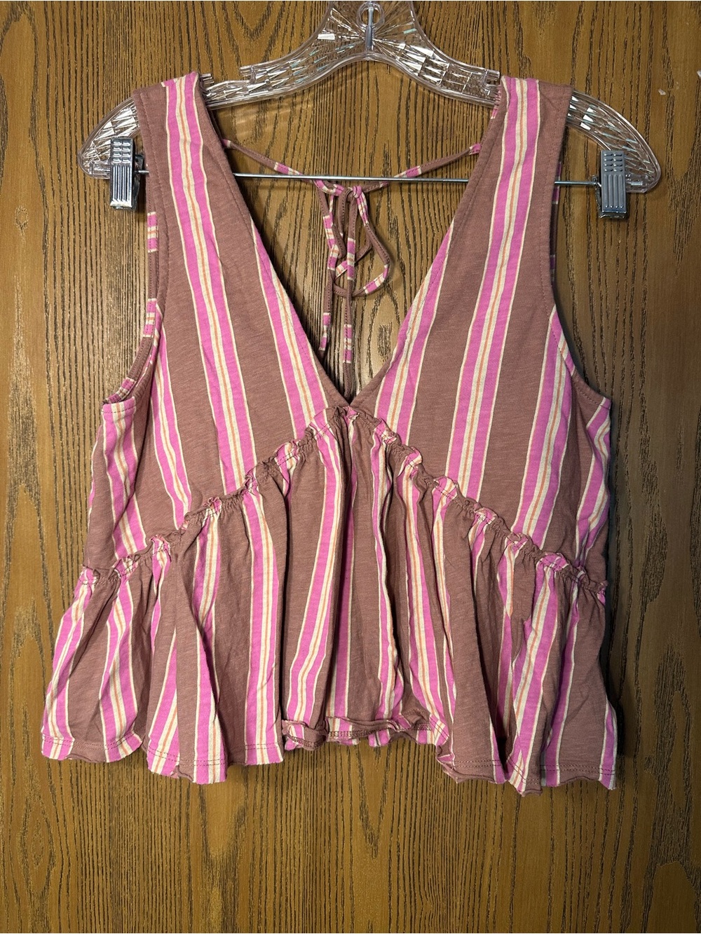 American Eagle Outfitters Pink and Cream Striped V-Neck Peplum Cami